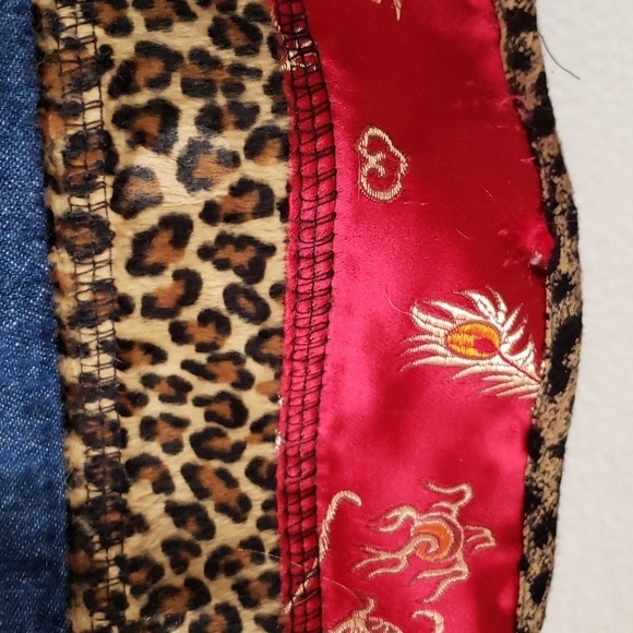 Nina Piccalino Cropped Denim Jacket w/Leopard & Asian Floral Trim Size 12 - Picture 6 of 7